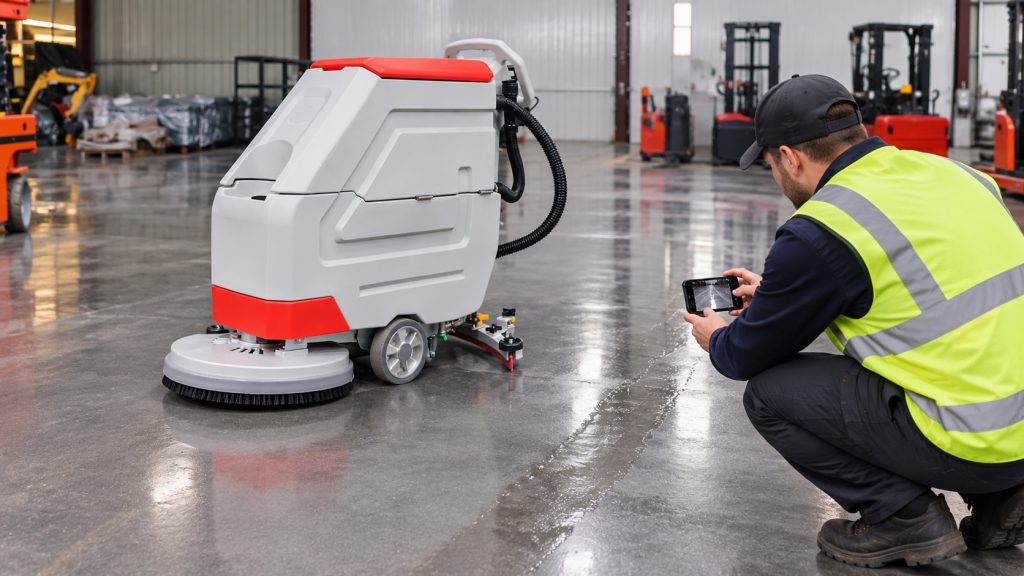 Operator documenting a floor scrubber water trail for service