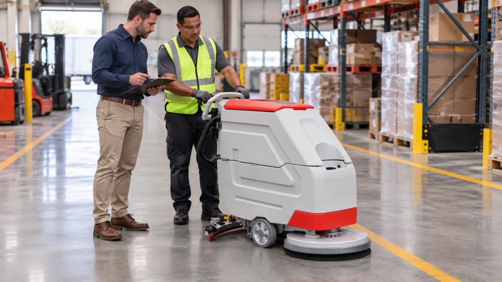 Buyer and operator observing a floor scrubber trial in a warehouse