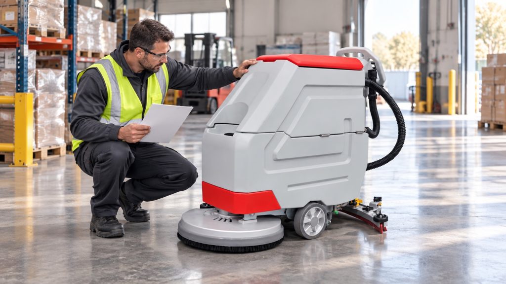 Operator reviewing a GODWIN floor scrubber before a cleaning shift
