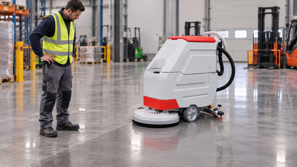 Operator checking a floor scrubber solution supply at the start of a route