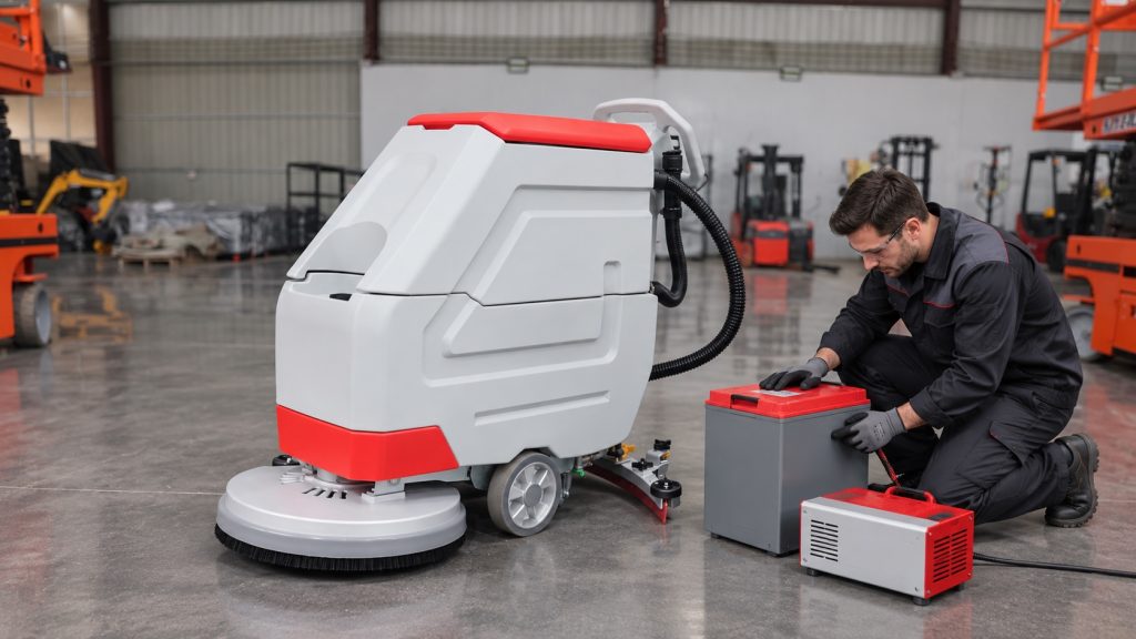 Operator checking the identified battery and charger supplied with a scrubber