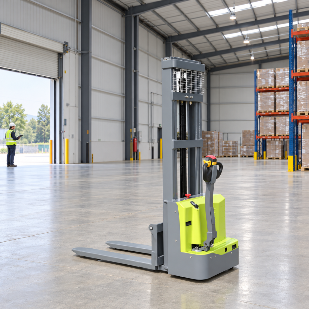 Illustrative parked green electric stacker with a separate warehouse doorway in the background