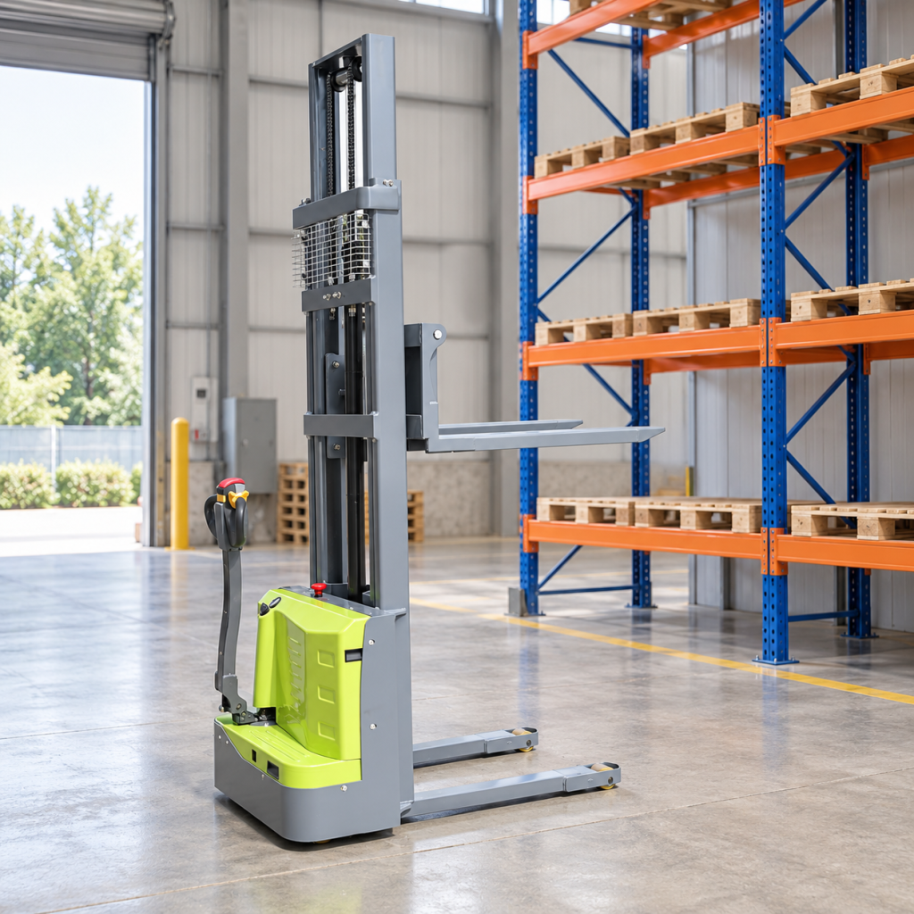 Illustrative unloaded green electric stacker with distinct upper forks and lower support legs beside separate warehouse racks