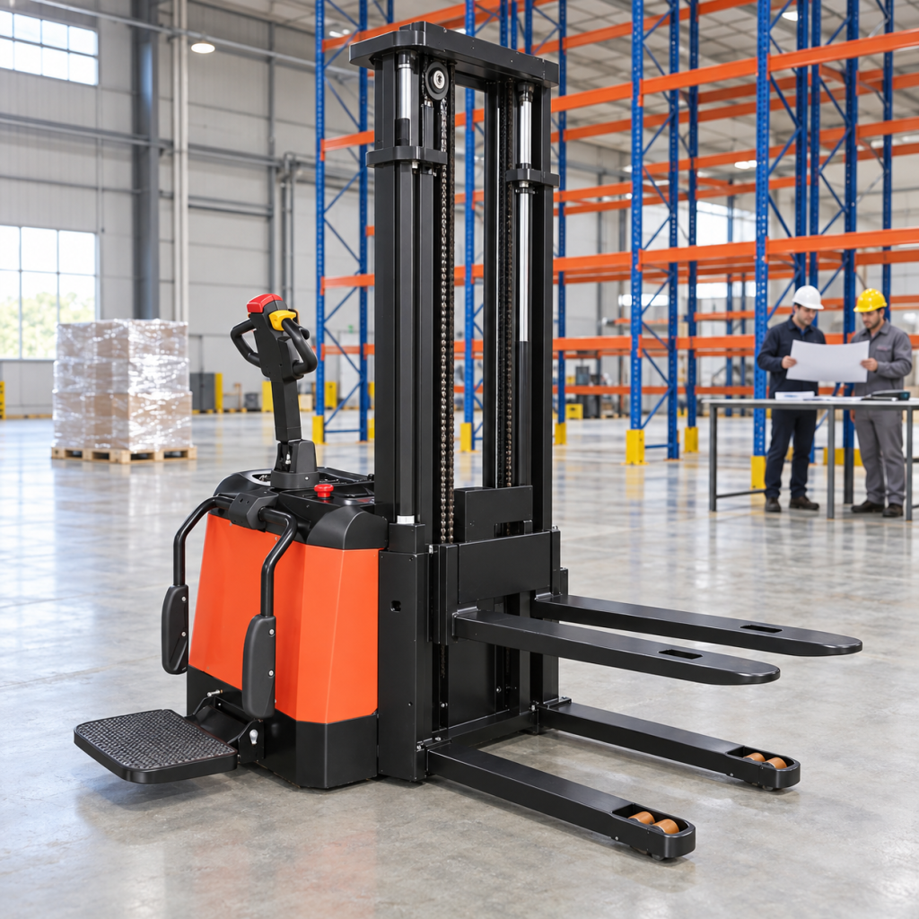 Illustrative orange and black stand-on electric stacker for capacity planning