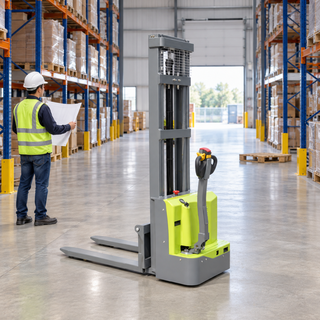 Illustrative aisle survey with a stationary green walk-behind stacker and an offside surveyor
