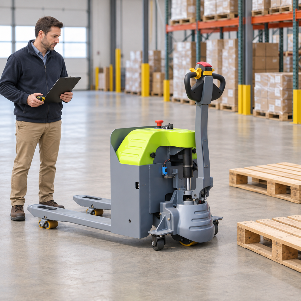 Illustrative green electric pallet truck for pallet measurement planning