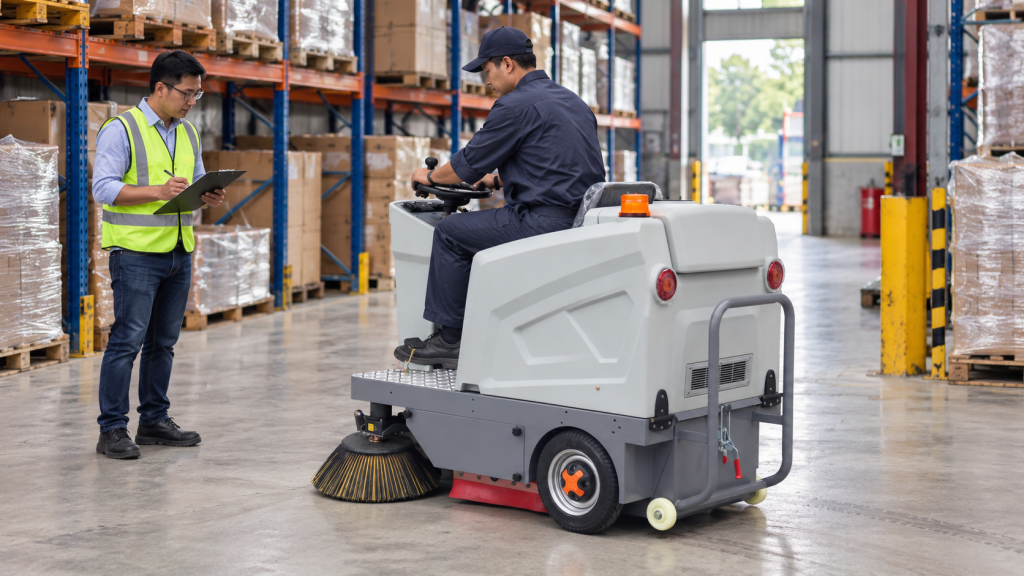 Buyer recording a GODWIN floor sweeper site trial